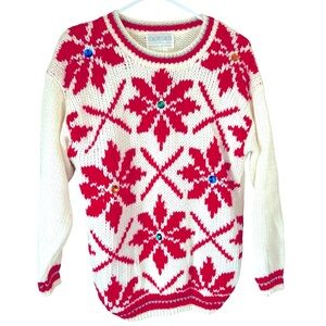 Color Cues Womens Hand Knit Embellished Snowflake Chunky Knit Sweater Size L